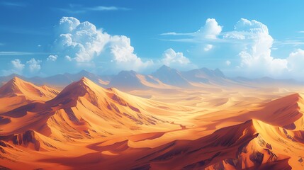 Naklejka premium A picturesque desert landscape with towering sand dunes and a clear blue sky dotted with fluffy clouds.