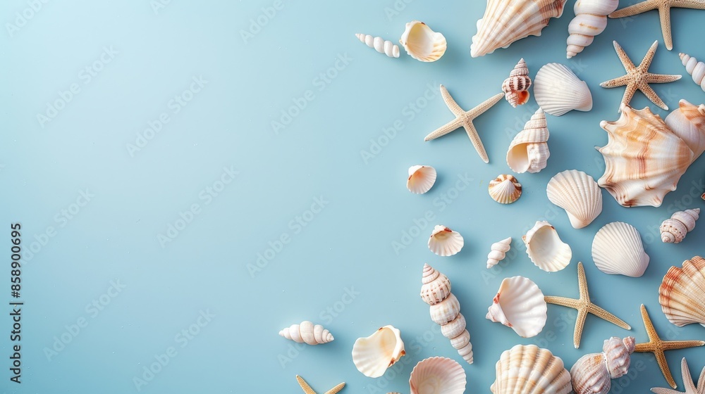 Poster An assortment of seashells and starfish are carefully arranged on a light blue background. The shells are various shapes and sizes, with some open and some closed. The starfish are also various sizes,