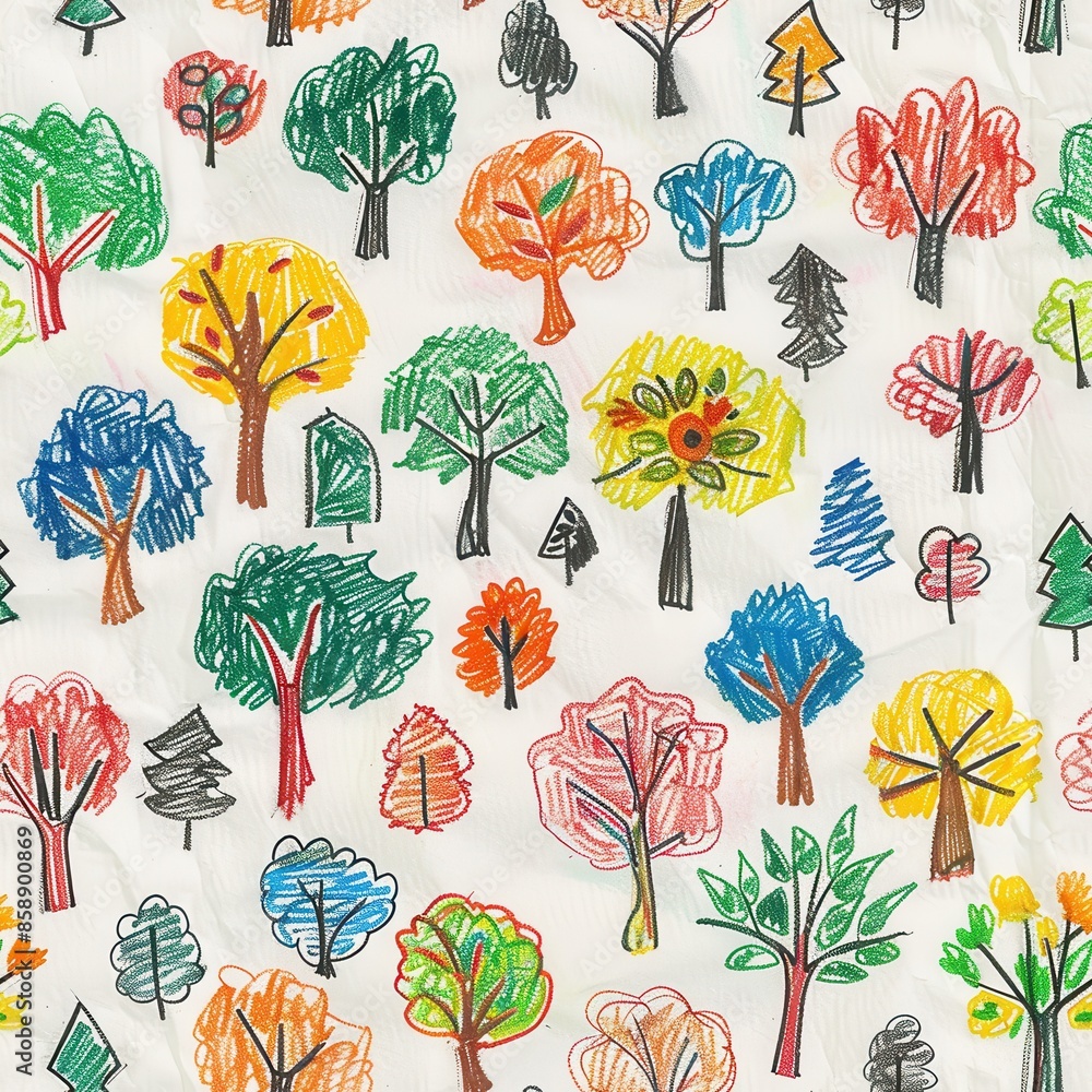 Poster This image features a close-up view of a white fabric patterned with colorful, hand-drawn trees. The trees are rendered in a simple, childlike style using various colors of crayon. The fabric appears 