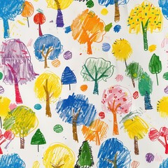 Obraz premium This image showcases a childs colorful crayon drawing on white paper. The drawing depicts a dense forest of trees, each one unique in shape, size, and color. The artist uses bold strokes and vibrant h