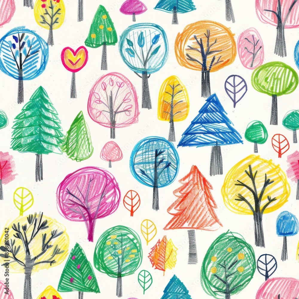 Poster This image is a colorful and whimsical illustration of a repeating pattern of hand-drawn trees. The trees are drawn in different colors and styles, and they are all arranged in a random and playful ma