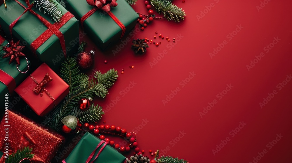 Poster an image of a red background with several green and red gift boxes. the gift boxes are decorated wit