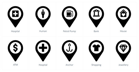 A set of 10 Location Pointer icons as hospital, human, petrol pump