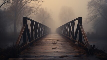 Fototapeta premium Abandoned structure with misty river below, forgotten by time