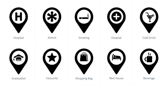 A set of 10 Location Pointer icons as hospital, asterix, smoking