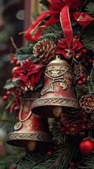A close-up shot of two decorative Christmas bells with red and gold embellishments, adorned with red flowers, pine cones, and green evergreen branches. The bells are a symbol of the holiday season, an