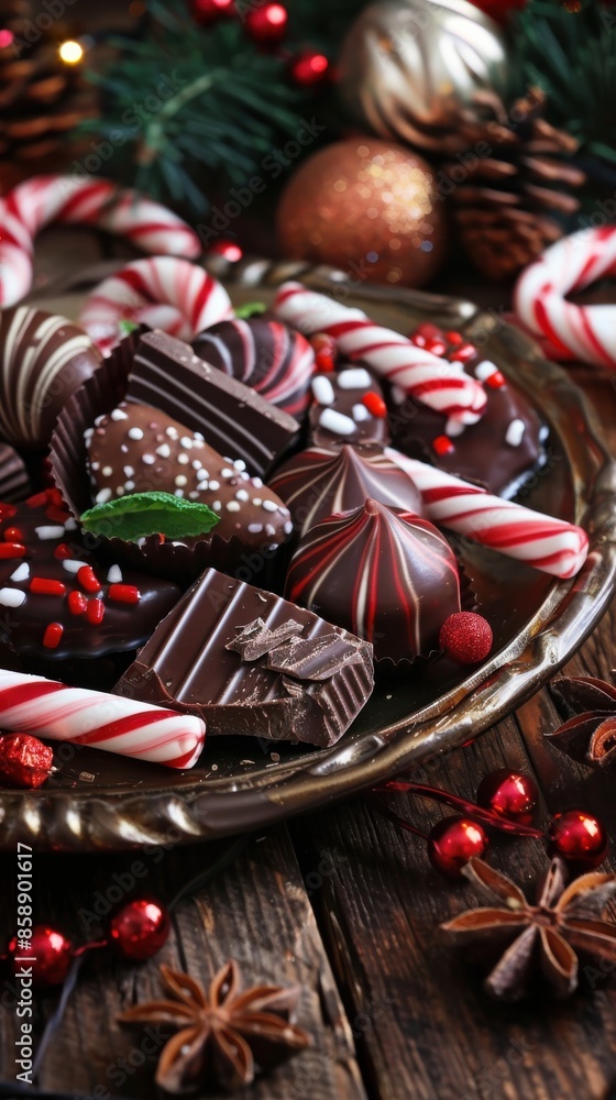 Poster a close-up image of a plate full of assorted chocolate candies, candy canes, and red berries. the ch