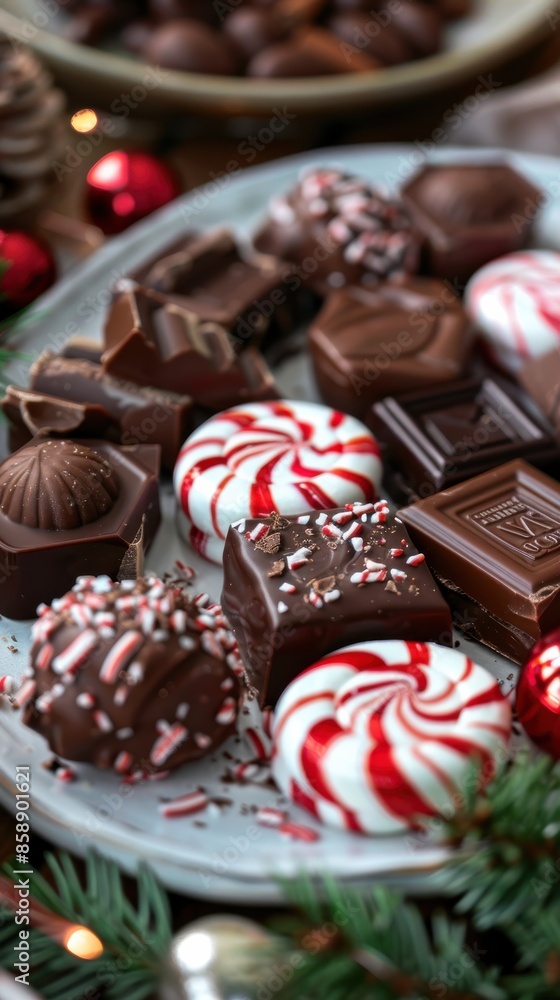 Poster A close-up image of a plate filled with assorted chocolate treats. The chocolates are decorated with peppermint swirls and sprinkles, adding a festive touch. Some of the chocolates are round, while ot