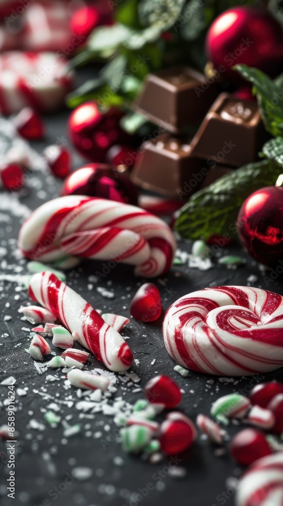Poster this image shows a close-up of peppermint candy canes and chocolate squares on a dark background. th