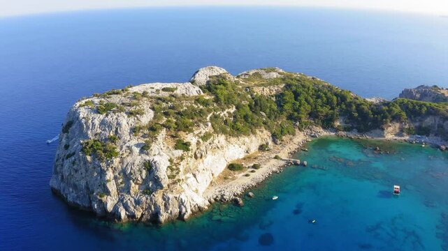 Drone view of Anthony Quinn Bay in Faliraki, Rhodes Island, Greece.