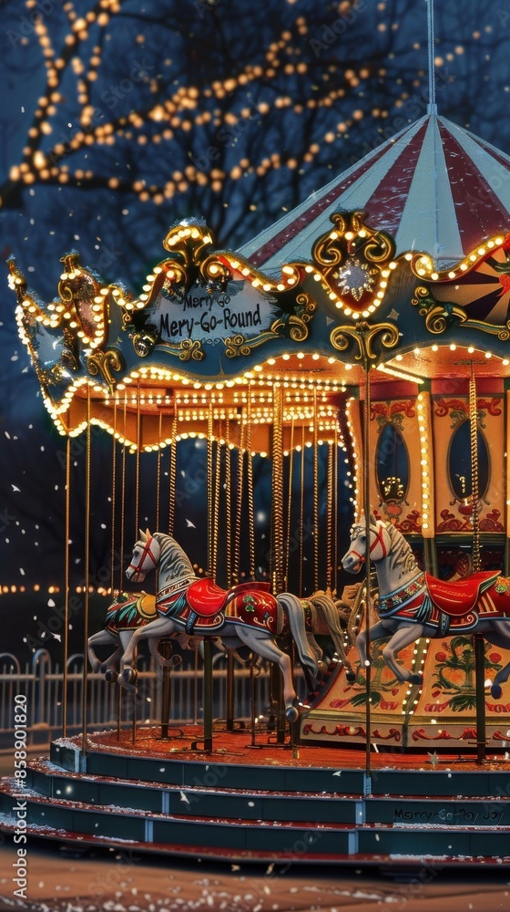 Poster a vintage carousel with ornate details and brightly lit bulbs is pictured at night in the snow. the 