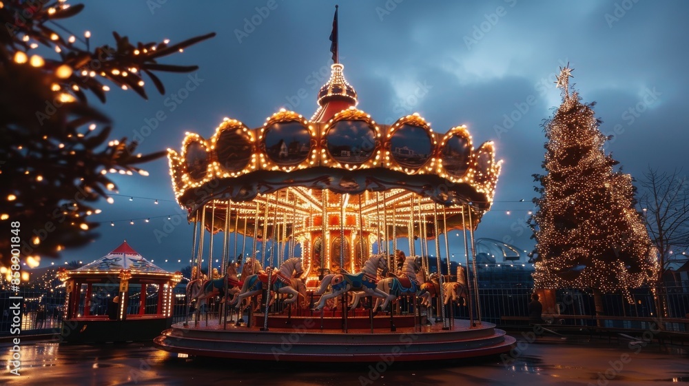 Aufkleber An illuminated carousel with horses rotating sits in the middle of an amusement park, lit up at night. Behind it is a large Christmas tree, also adorned with lights, with a cloudy sky in the backgroun