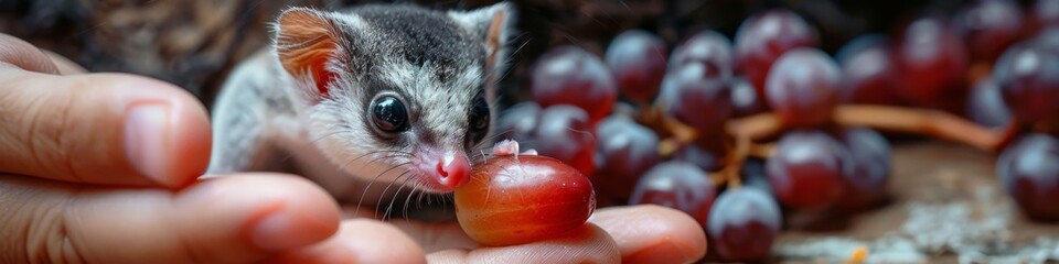 Small sugar glider reaching for grape on table.