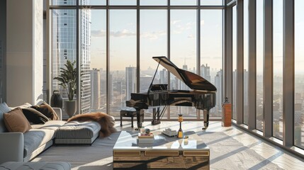 Illustrate a scene of a grand piano in a modern high-rise apartment, with a view of a city skyline through floor-to-ceiling windows. Focus on the blend of contemporary living and classical music.