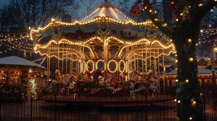 Obraz premium A brightly lit carousel with wooden horses spins in the center of a winter festival. The carousel is decorated with twinkling lights, and the festive atmosphere is enhanced by the snow-covered ground 