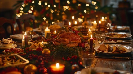 A close-up view of a beautifully decorated Christmas dinner table. A roasted turkey is the centerpiece, surrounded by candles and festive greenery. The table is set with plates and glasses, ready for 