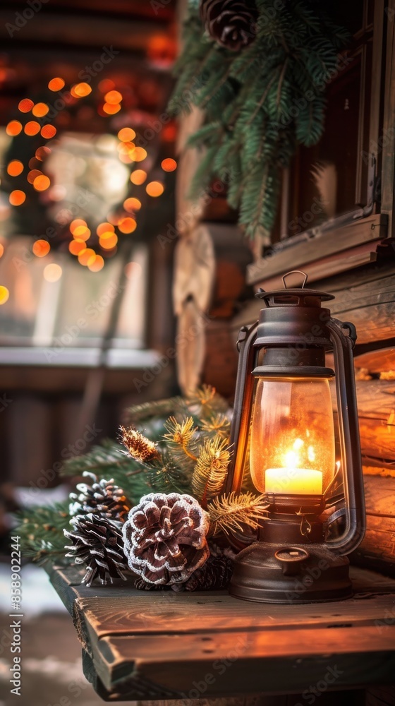 Poster a rustic lantern sits on a snow-covered wooden table, its warm glow illuminating the surrounding pin