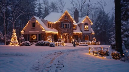 A snow-covered suburban house is decorated with Christmas lights. The house has a large front yard and a long driveway. The lights are strung along the roofline, the bushes, and the fence. A tall Chri