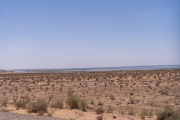 A desert landscape with a blue ocean in the background. The sky is clear and the sun is shining brightly