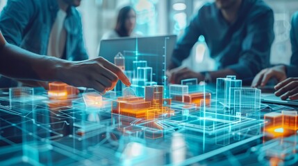 A group of diverse professionals collaborating on a design project, utilizing digital tools and technology to create innovative solutions.