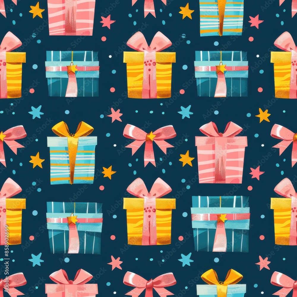 Poster this is a seamless pattern featuring a repeating design of colorful gift boxes, stars, and dots on a