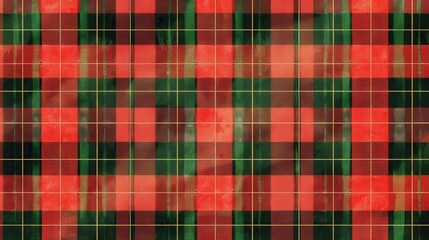 Fototapeta premium A close-up view of a red, green, and gold plaid fabric. The fabric has a subtle texture and the colors are slightly faded, giving it a vintage look. The plaid pattern is made up of thick and thin line