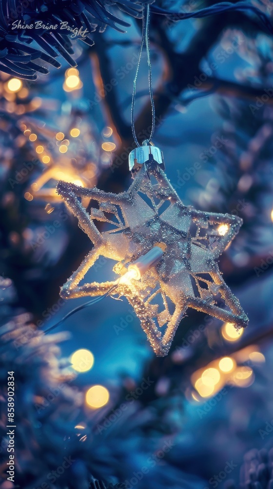 Poster a close-up shot of a glittery star ornament hanging from a christmas tree branch. the ornament is li