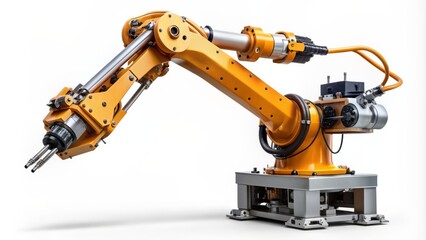 Modern industrial robot manipulator with mechanical hand isolated on white background showcasing advanced technology and precision engineering in a sleek and futuristic design.,hd,8k.