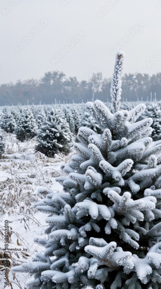 Aufkleber A close-up view of a snowy evergreen tree in a Christmas tree farm field. The tree is covered in a layer of fresh snow, and the branches are frosted with ice crystals. The background shows a distant r