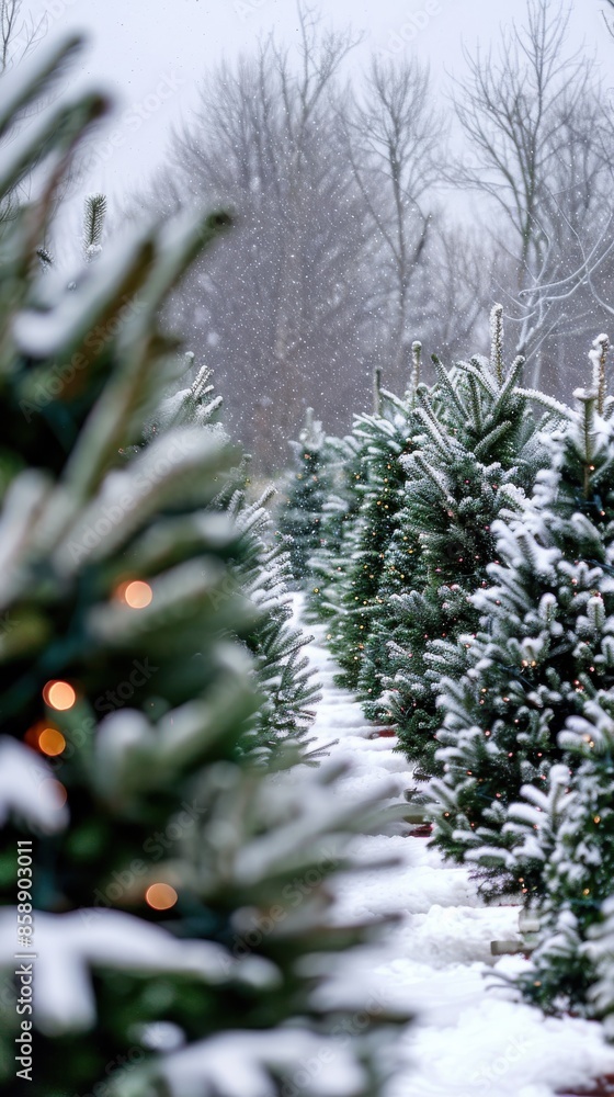 Aufkleber A row of snow-covered Christmas trees stand tall in a snowy forest, their green needles dusted with white. The trees are lined up neatly, creating a path through the woods. Light from the sun shines t