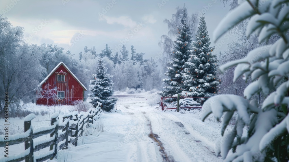 Poster a snow-covered winter landscape with a red cabin nestled among a forest of snow-covered trees. the p
