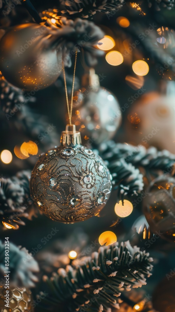 Poster this image is a close-up shot of a silver christmas ornament hanging on a christmas tree. the orname