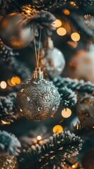 Obraz premium This image is a close-up shot of a silver Christmas ornament hanging on a Christmas tree. The ornament is decorated with a sparkly, intricate design and is illuminated by warm, string lights. The imag