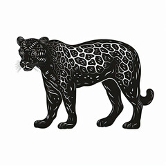 A black and white drawing of a leopard on a white background