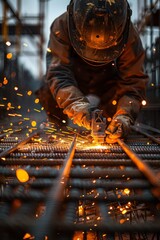 Fototapeta premium Worker expertly cuts through steel bars with precision using a cutting torch on a bustling construction site.