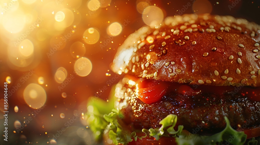 Wall mural Detailed close-up of a tempting hamburger against a warm, bokeh background, ideal for adding text for promotions