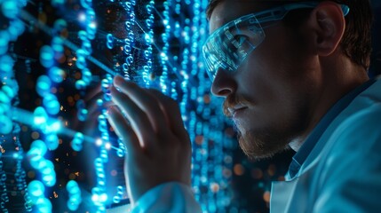 A scientist analyzing a digital interface with DNA sequences and molecular structures, representing breakthroughs and progress in biotechnology.