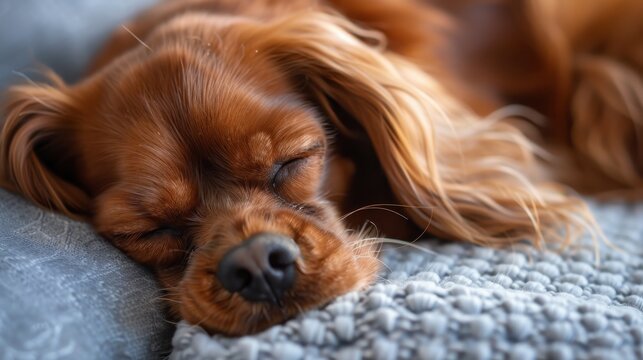 A brown dog is sleeping on a bed. The dog has a long, fluffy tail and is curled up on a blanket - Powered by Adobe