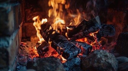 Fototapeta premium Close-Up of Burning Firewood in a Fireplace
