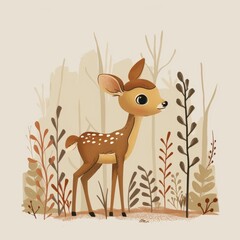 Minimalistic deer illustration in soft brown and white, standing peacefully in a serene forest setting.