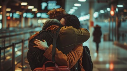 Obraz premium Imagine a couple saying goodbye at an airport, holding each other tightly, their faces showing the pain of parting and the hope of reuniting.
