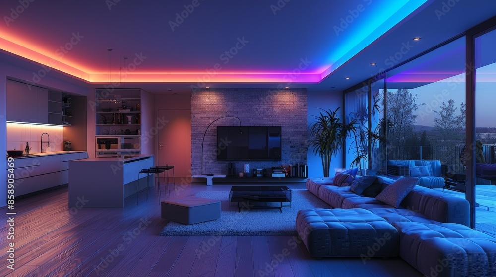 Poster a smart home environment with automated lighting, temperature control, and security systems, showcas