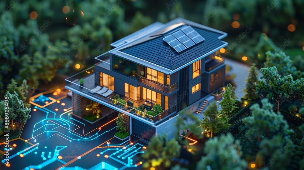 Poster a smart home environment with automated lighting, temperature control, and security systems, showcas