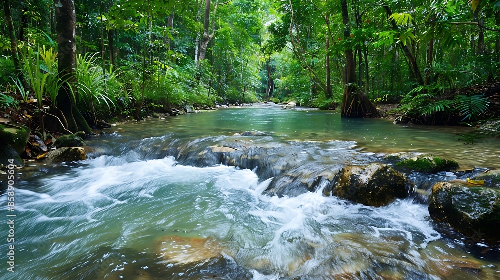Poster scenic view of a clear river flowing through a forest, illustrating the pristine conditions maintain