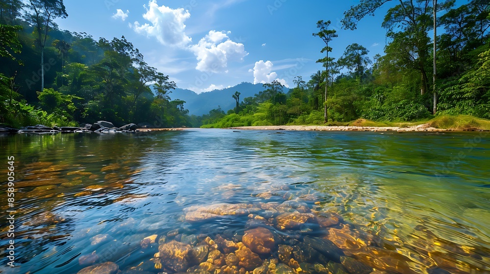 Poster scenic view of a clear river flowing through a forest, illustrating the pristine conditions maintain
