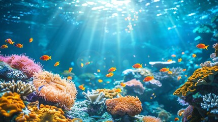 Shot of a beautiful coral reef teeming with marine life, showcasing the vibrant underwater ecosystems that rely on the ozone layer for protection from harmful ultraviolet rays