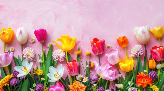 Colorful pancy flowers spring border Easter greeting card with copy space