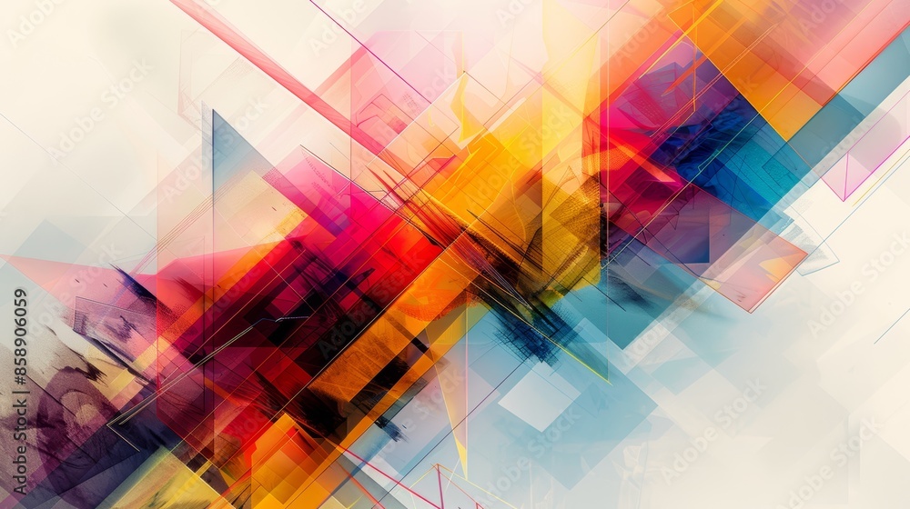 Aufkleber an abstract, artistic representation of innovation, with colorful geometric shapes and lines converg