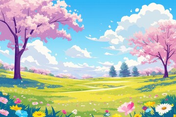 Springtime Meadow with Cherry Blossoms