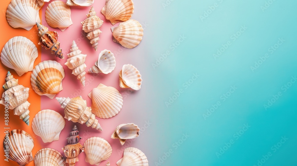 Fototapete An image of various seashells of different shapes and sizes arranged on a pink and blue gradient background. The shells are positioned on the left side of the image, leaving a large open space on the 